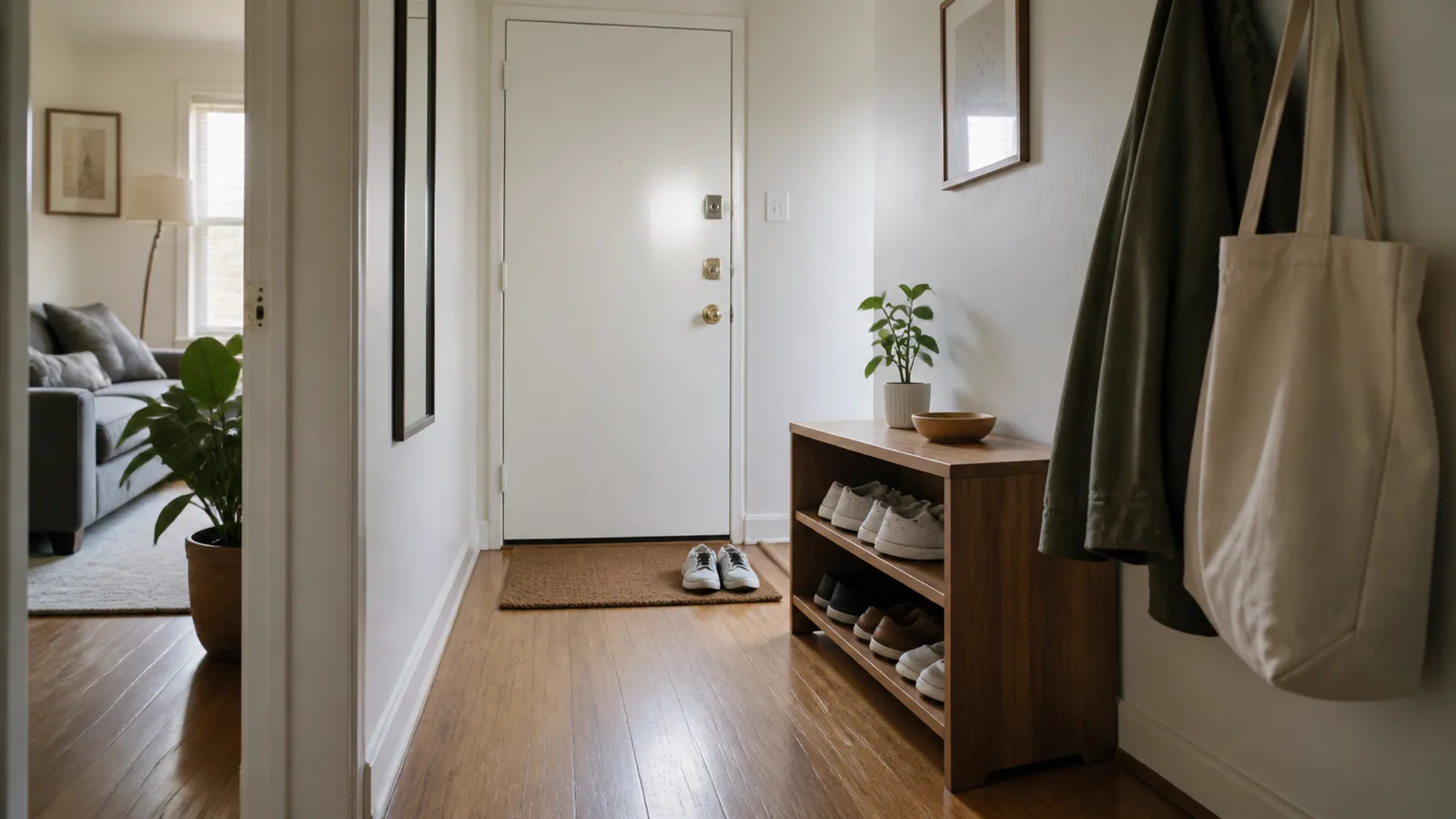 Compact apartment entryway with open shoe shelves beside the door and a daily landing area