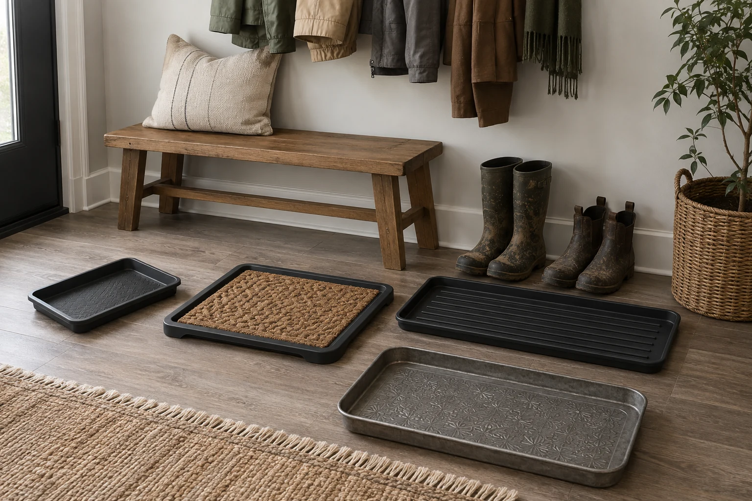 Generic entryway with compact, rubber-and-coir, long channel, and decorative metal boot trays