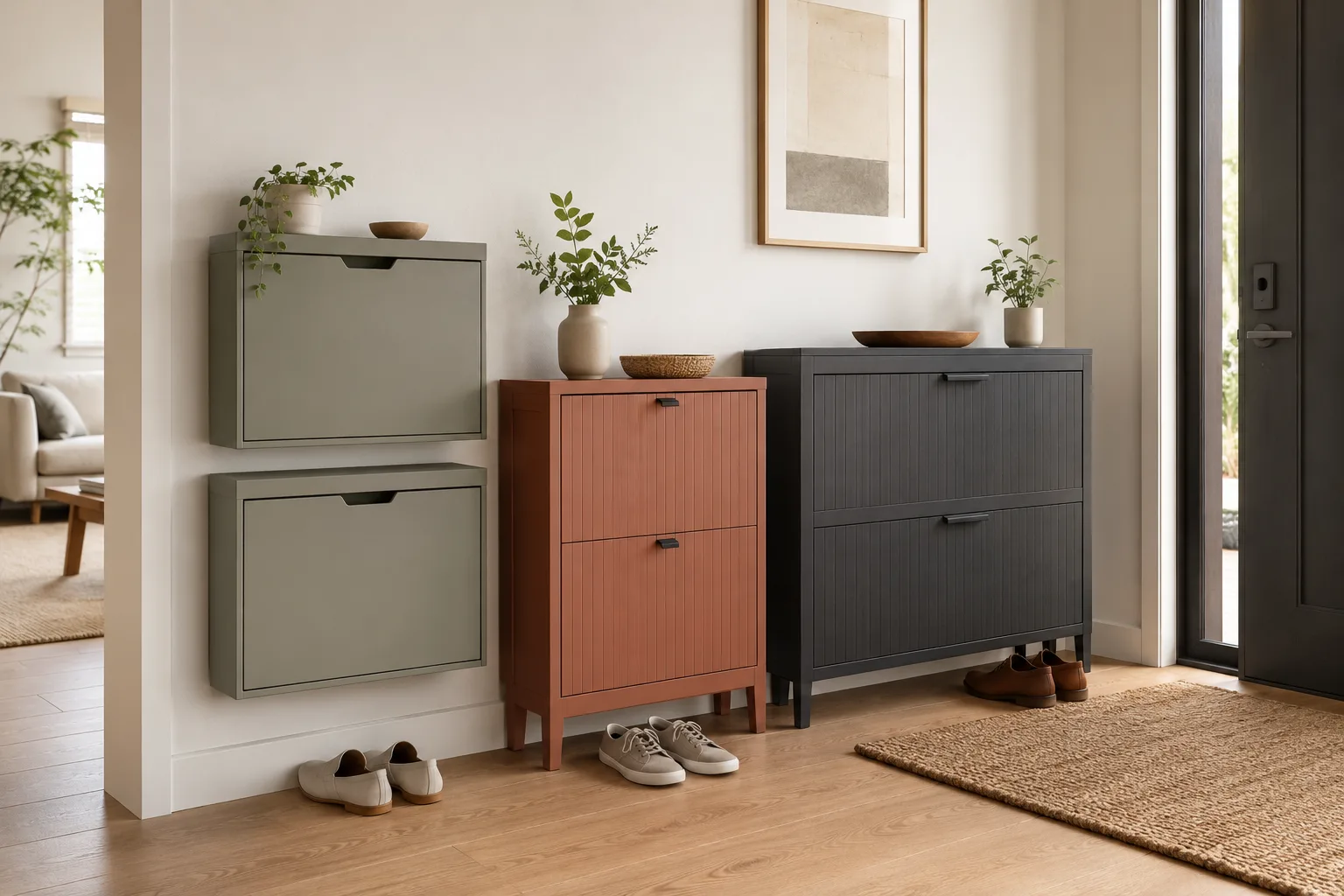 Three generic slim shoe cabinet layouts in a small entryway