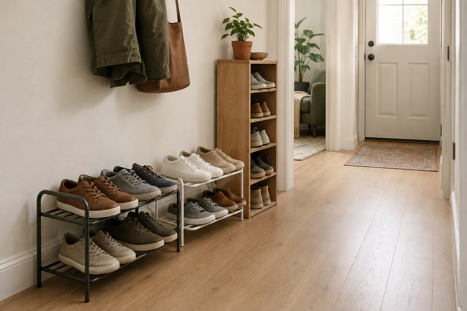 Three generic shoe rack layouts arranged along a narrow entryway wall