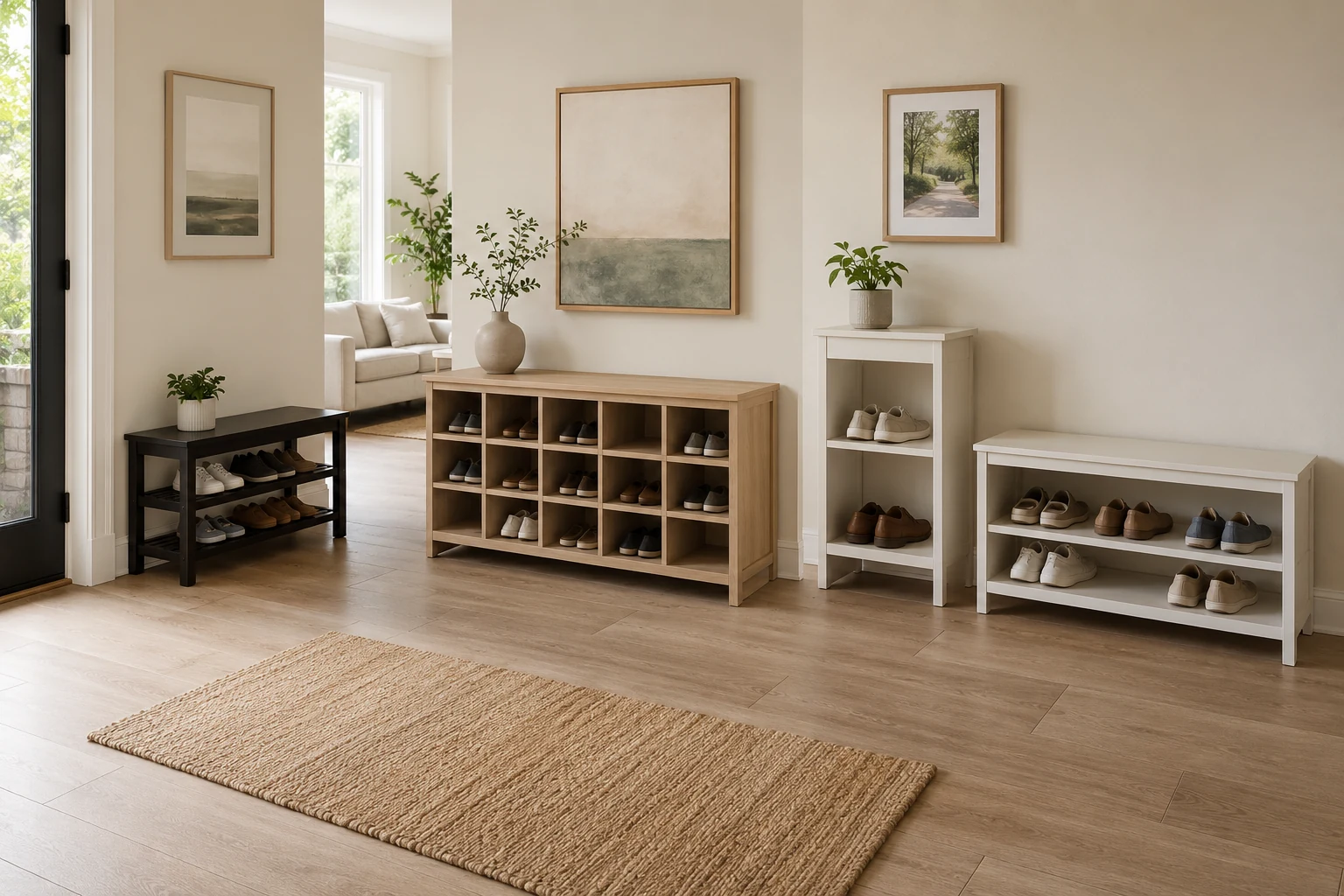 Entryway comparison scene with a compact dark open shoe bench, a light cubby bench, a narrow tall white open bench, and a wider low white open bench.