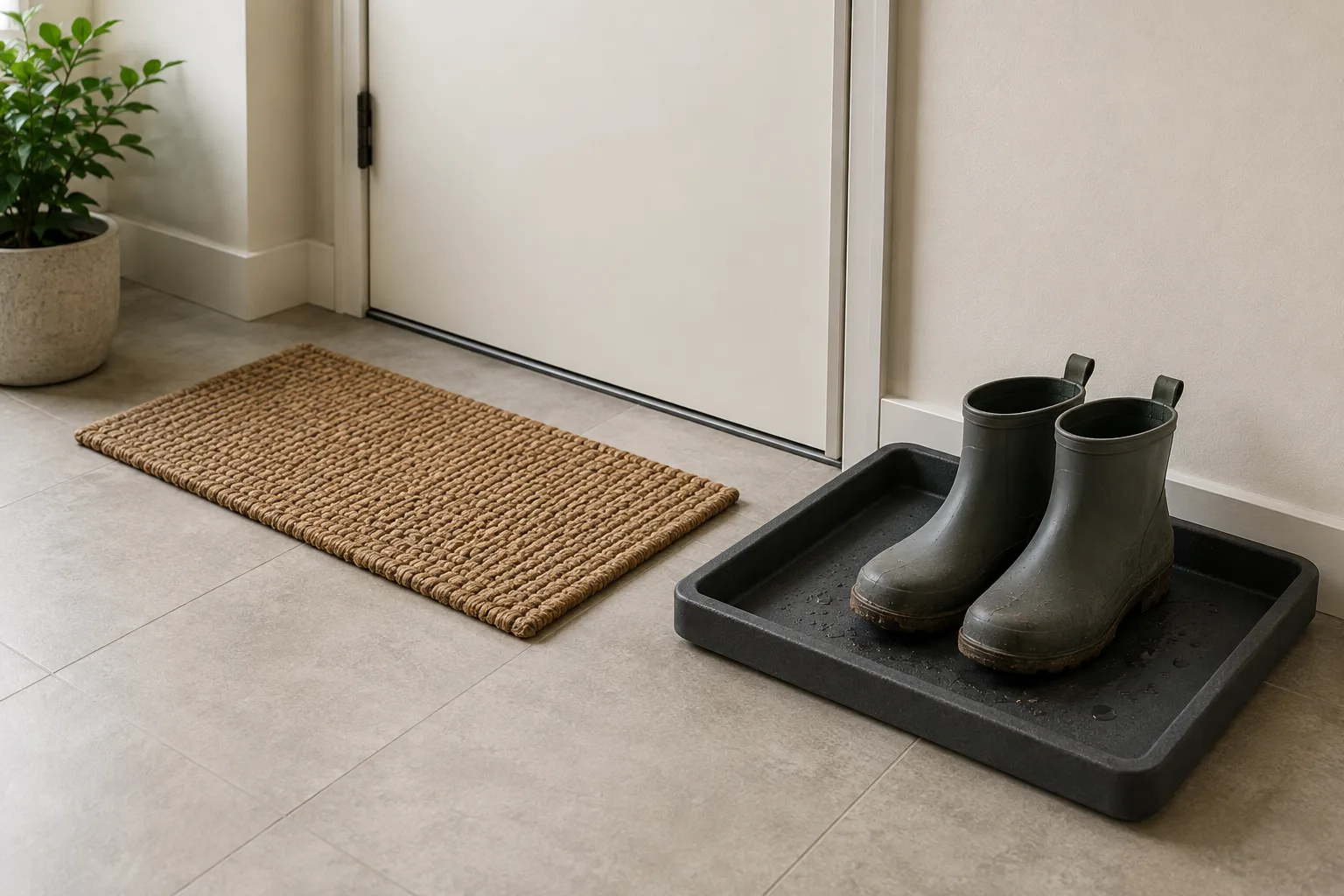 Rain boots parked inside a lipped tray beside an entryway mat