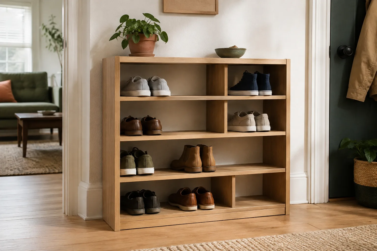 Varied shoes arranged on shelves of a generic entryway storage unit