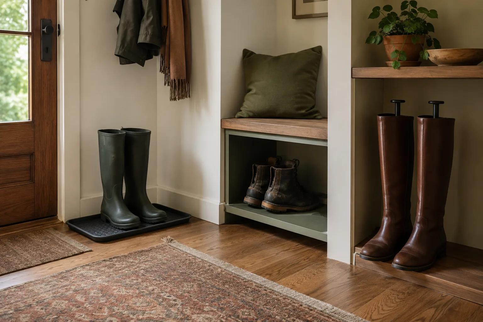 Entryway boot storage with rain boots, work boots, and tall boots in separate zones