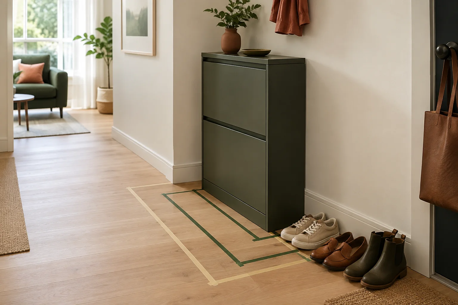Slim entryway shoe cabinet beside taped depth zones and a clear walking route