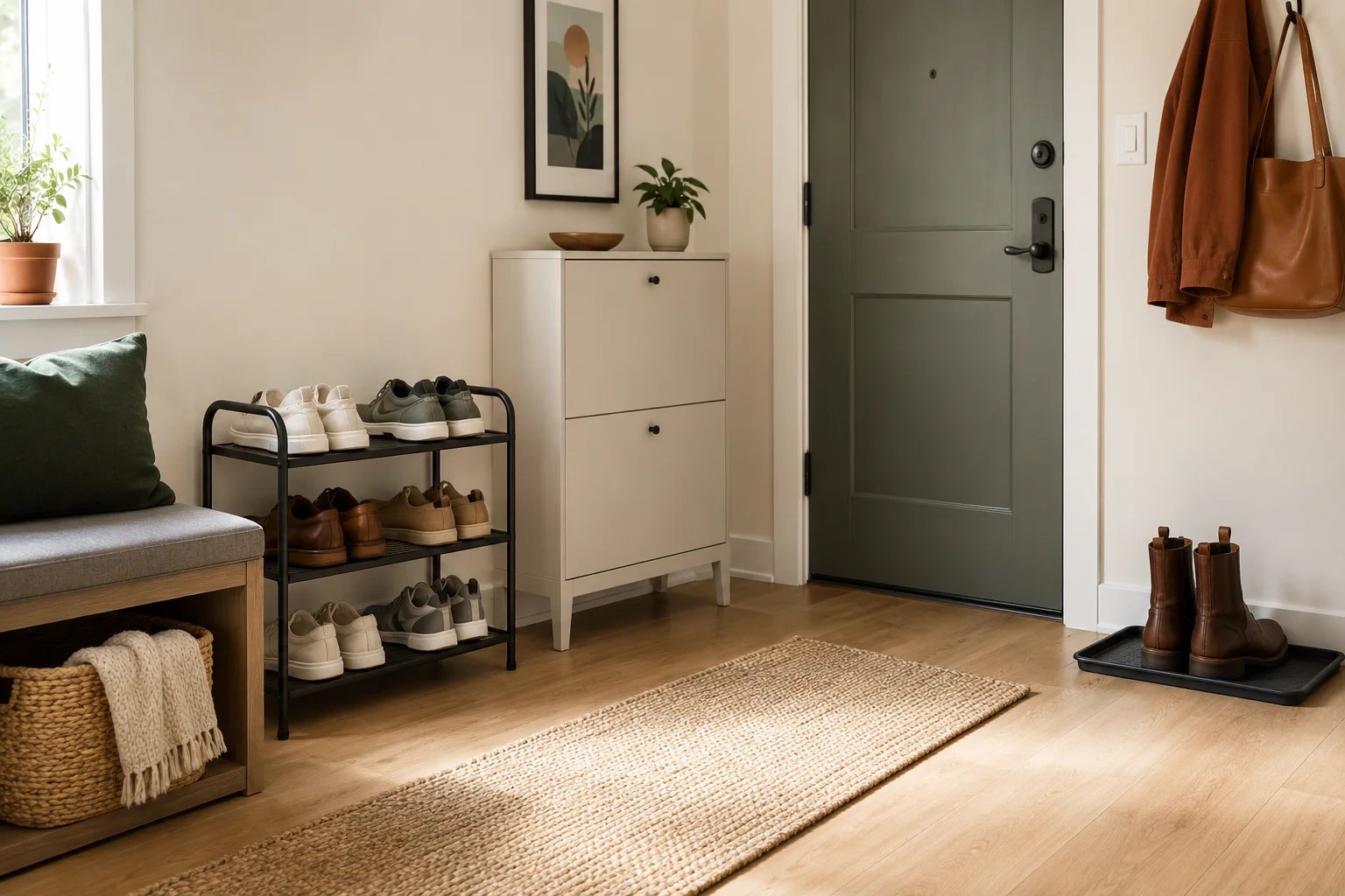 Entryway shoe rack, cabinet, bench, and boot tray beside a clear walking path