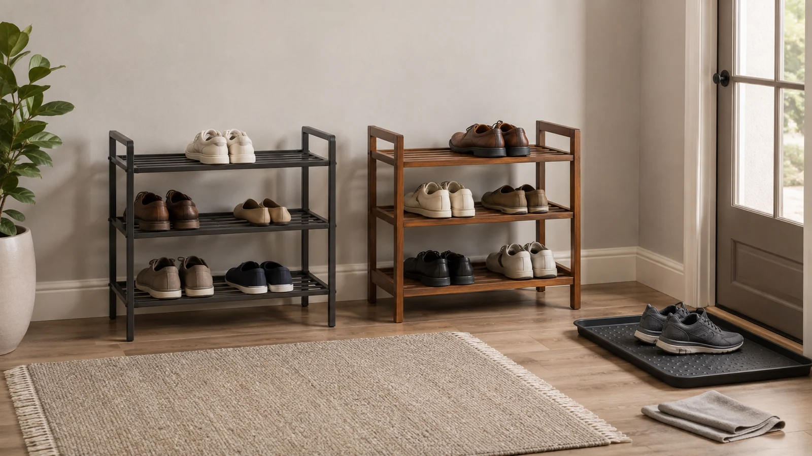 Two generic open shoe racks, one coated metal and one wood-based, stand side by side in a neutral entryway with dry shoes, a lightly damp pair near a boot tray, and a folded cleaning cloth.