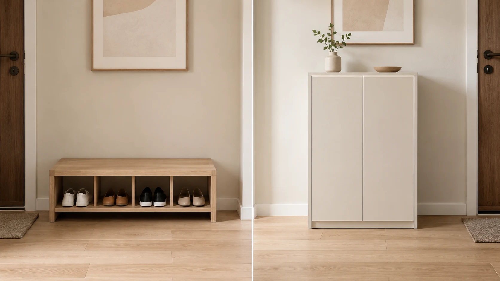 Split entryway comparison showing a low open shoe-storage bench on one side and a narrow closed shoe cabinet on the other.