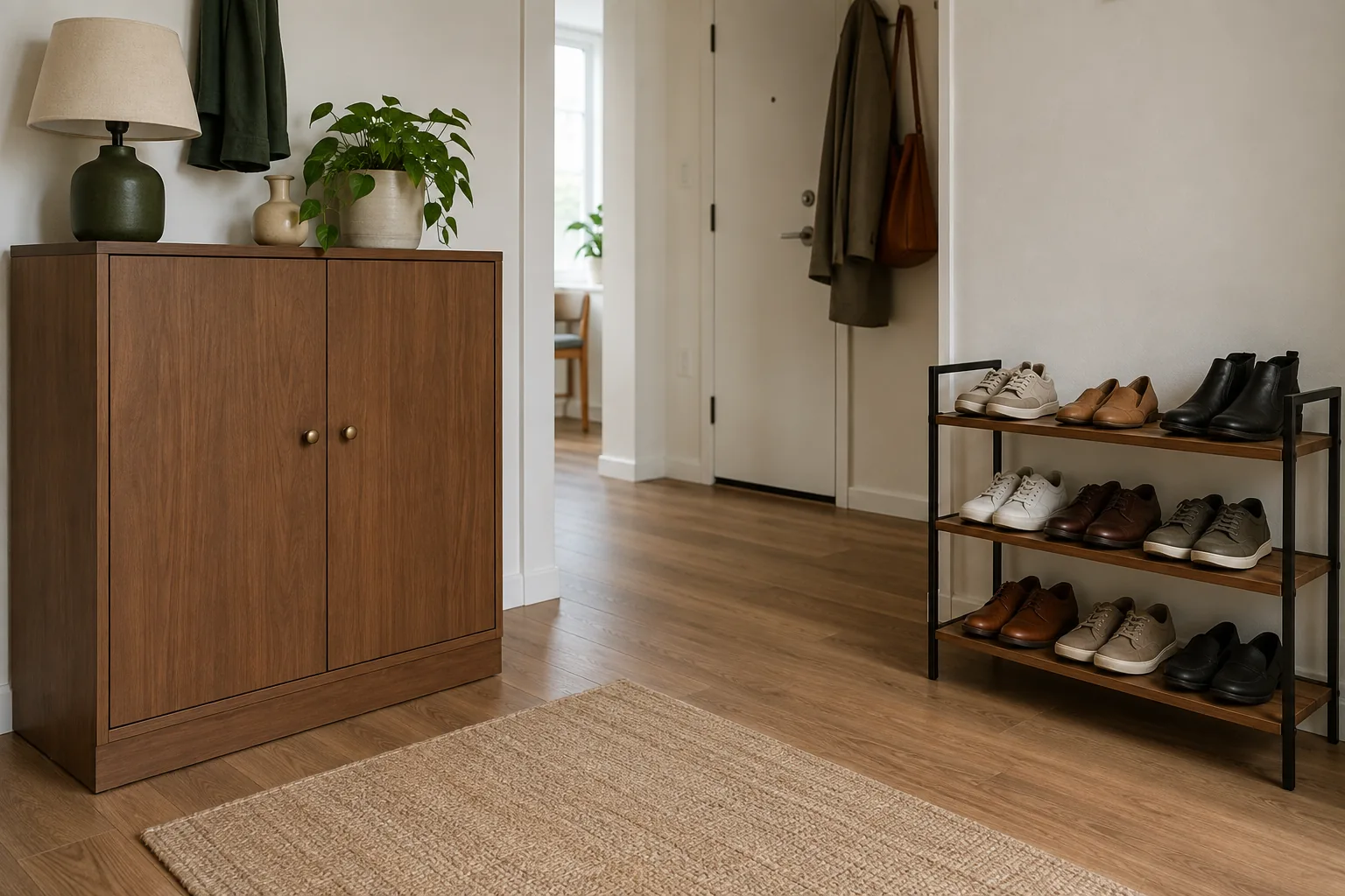 Closed shoe cabinet beside an open shoe rack in an entryway