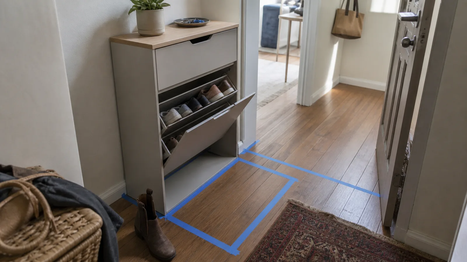 Compact entryway with an open generic shoe cabinet and painter's tape marking its footprint and opening space