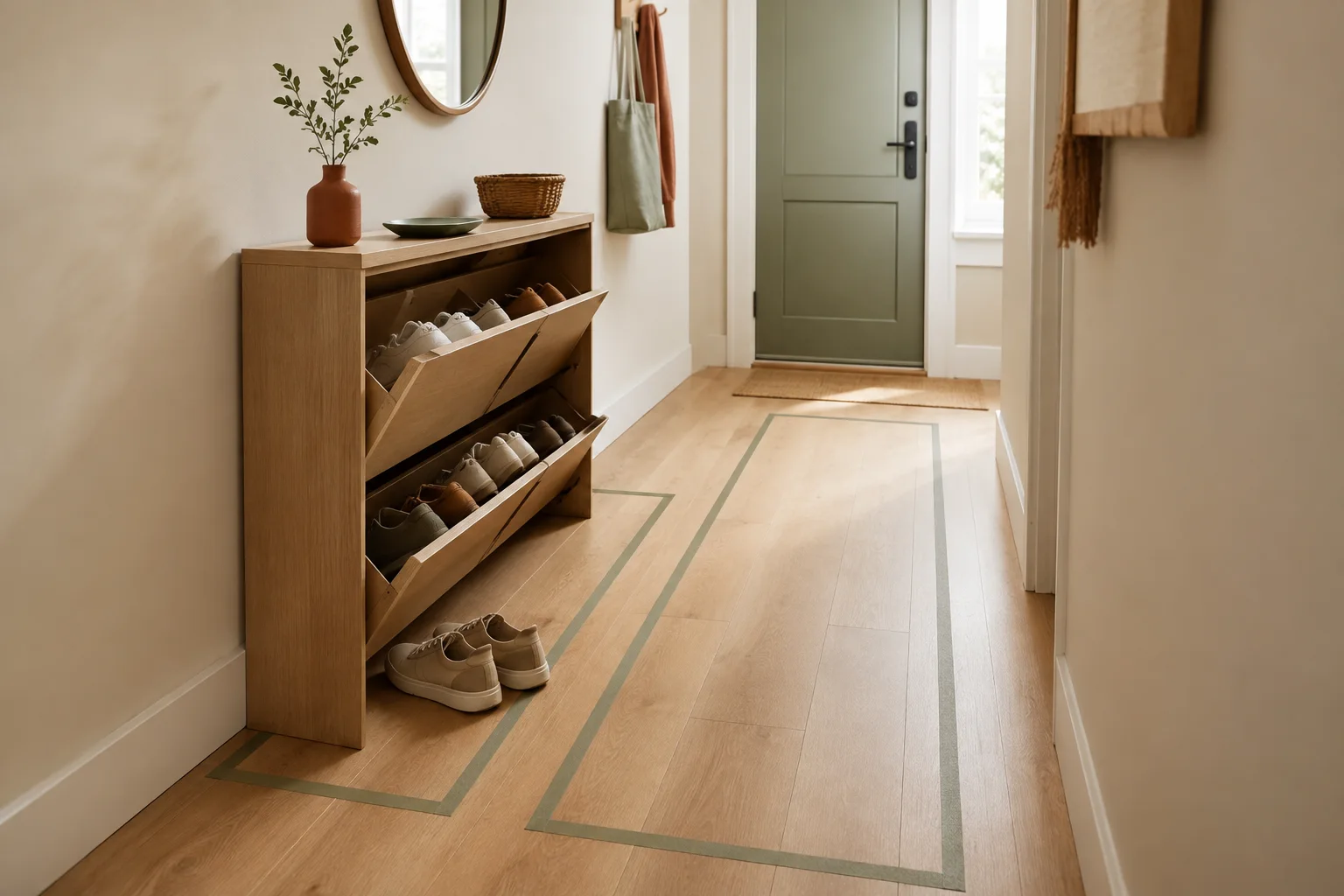 Shoe storage for a narrow entryway beside a clear walking route