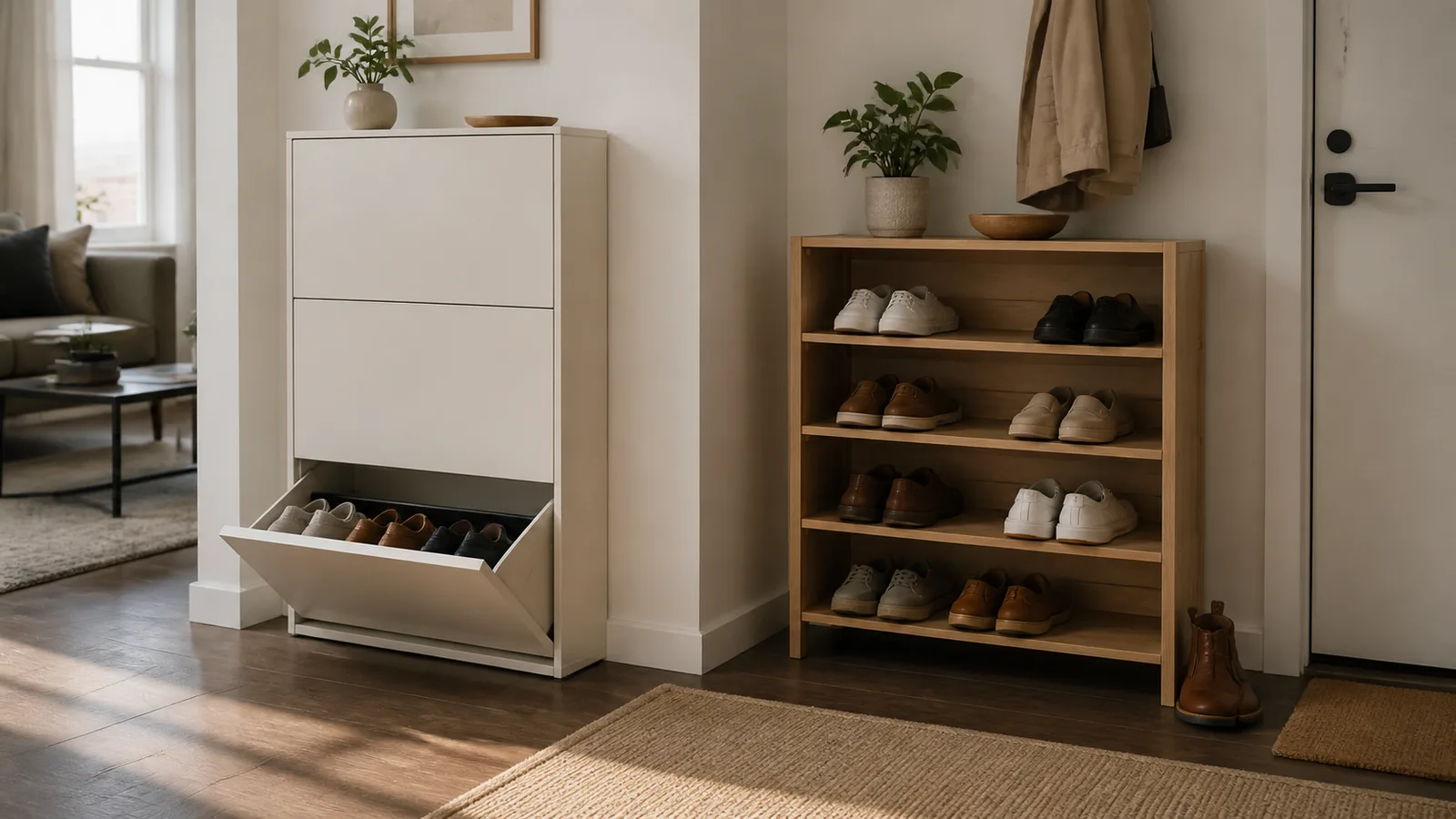 Entryway showing a generic tilt-out shoe cabinet beside fixed open shoe shelves