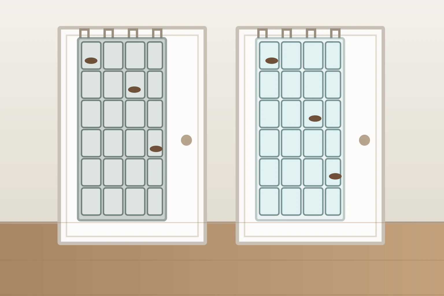 Two separate plain interior doors with generic 24-pocket over-door organizers, left mesh-style and right translucent-pocket, holding a few shoes
