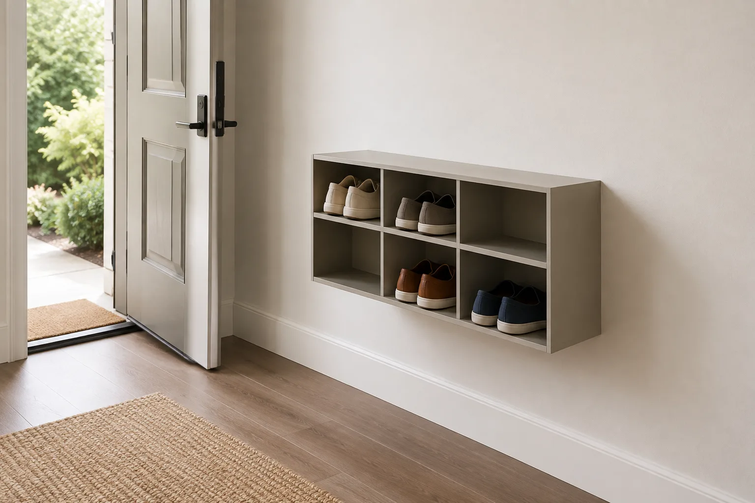 Generic wall-mounted shoe storage beside an entryway door with clear floor space